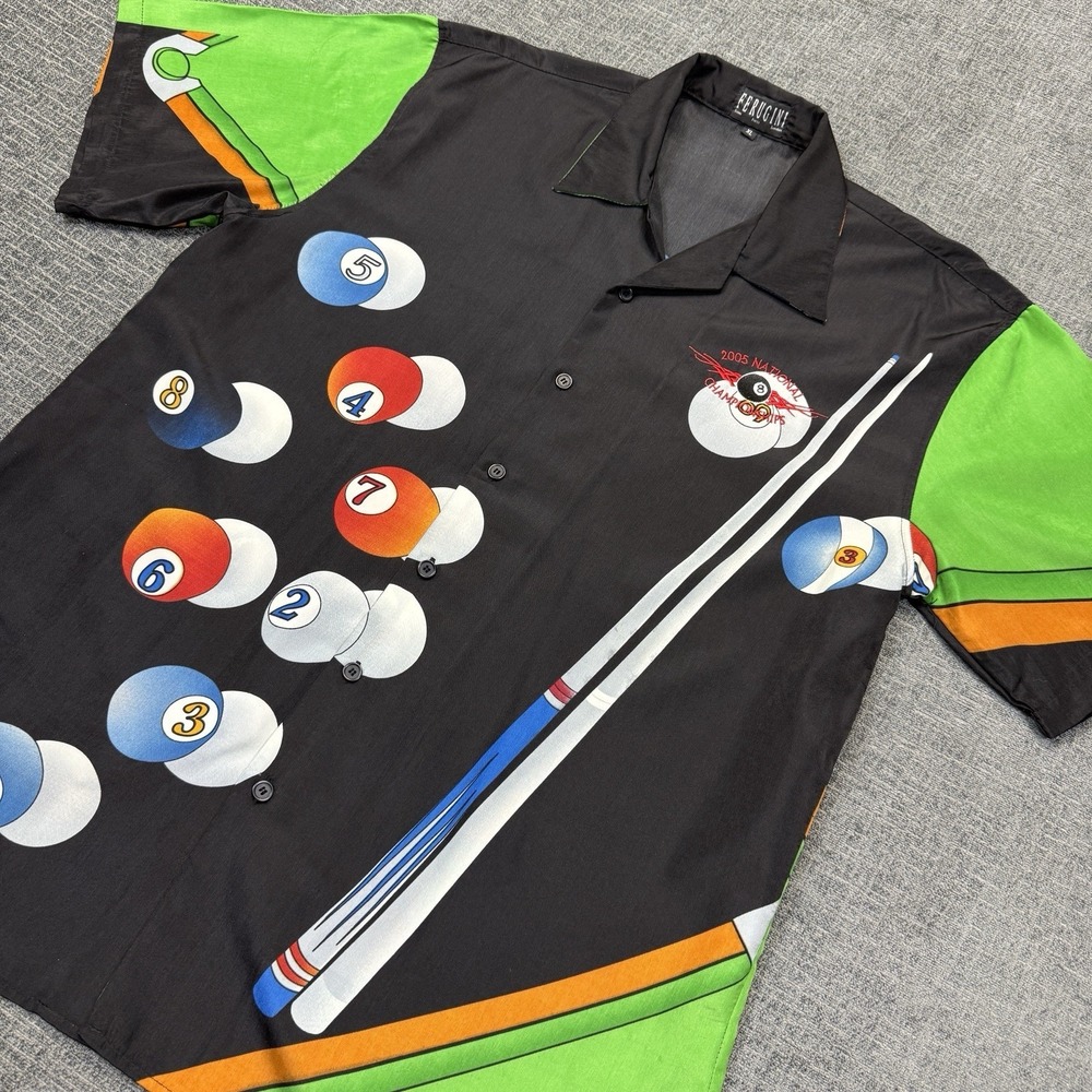 Y2K Ferugini Bowling Shirt Mens XL Black Pool Balls Billiards‎ 2005 Champs